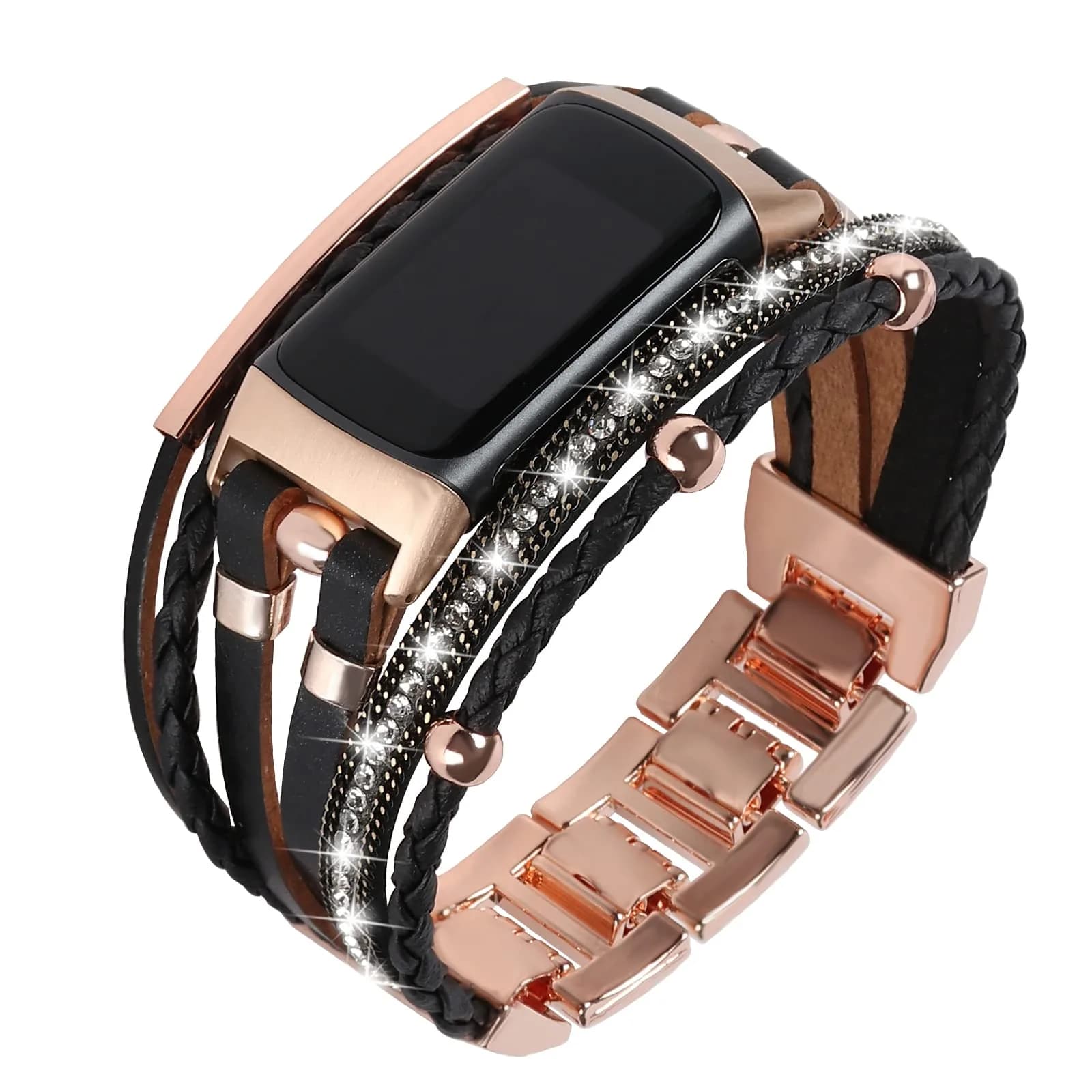 YOSWAN Leather Bands Compatible with Fitbit Charge 5 | Multilayer Wrap Design for Women (Black/Rose Gold)