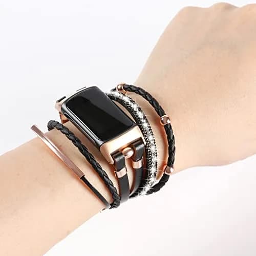YOSWAN Leather Bands Compatible with Fitbit Charge 5 | Multilayer Wrap Design for Women (Black/Rose Gold) thumbnail 4
