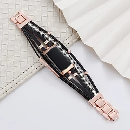 YOSWAN Leather Bands Compatible with Fitbit Charge 5 | Multilayer Wrap Design for Women (Black/Rose Gold) thumbnail 5