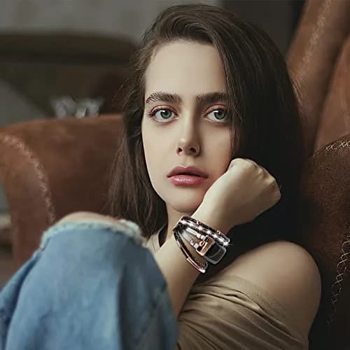 YOSWAN Leather Bands Compatible with Fitbit Charge 5 | Multilayer Wrap Design for Women (Black/Rose Gold) thumbnail 6