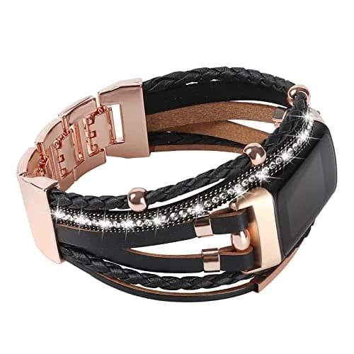 YOSWAN Leather Bands Compatible with Fitbit Charge 5 | Multilayer Wrap Design for Women (Black/Rose Gold) thumbnail 2