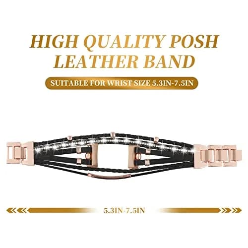 YOSWAN Leather Bands Compatible with Fitbit Charge 5 | Multilayer Wrap Design for Women (Black/Rose Gold) thumbnail 3