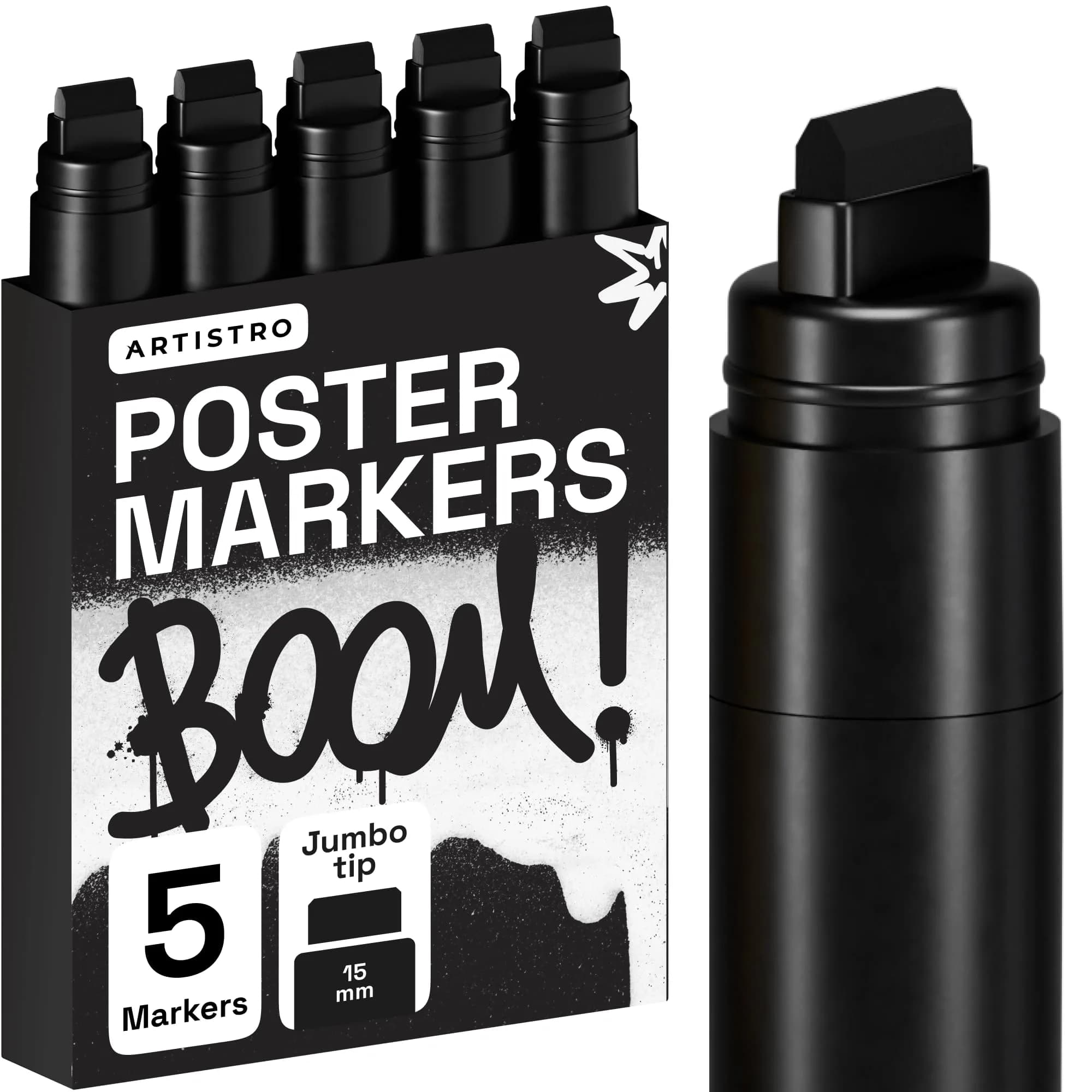 ARTISTRO Black Paint Pens Jumbo Tip Set of 5 | Water-Based Acrylic Markers for Multi-Surface Use — Black