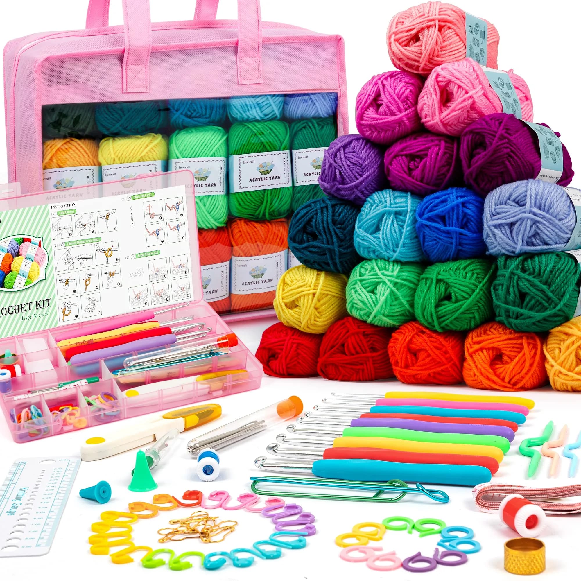 INSCRAFT Crochet Yarn Kit for Beginners & Kids | 1650 Yards, 30 Colors, Acrylic Yarn, Hooks, Manual, Pink Bag — Pink