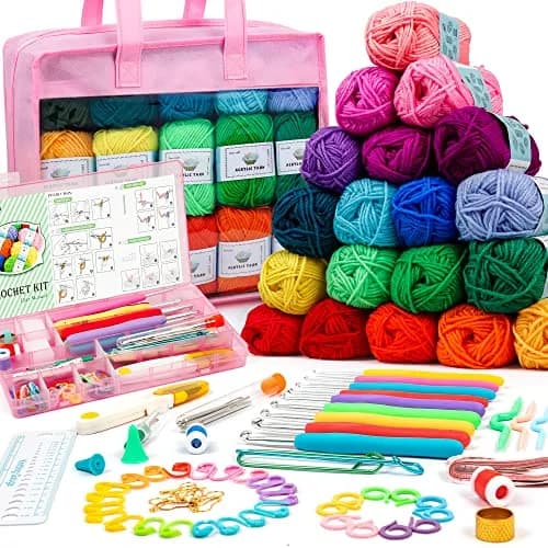 INSCRAFT Crochet Yarn Kit for Beginners & Kids | 1650 Yards, 30 Colors, Acrylic Yarn, Hooks, Manual, Pink Bag thumbnail 1
