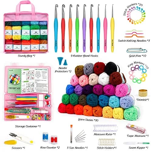 INSCRAFT Crochet Yarn Kit for Beginners & Kids | 1650 Yards, 30 Colors, Acrylic Yarn, Hooks, Manual, Pink Bag thumbnail 2