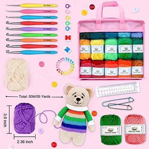 INSCRAFT Crochet Yarn Kit for Beginners & Kids | 1650 Yards, 30 Colors, Acrylic Yarn, Hooks, Manual, Pink Bag thumbnail 3