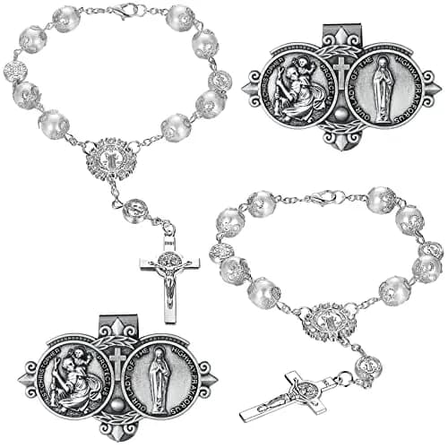Frienda Silver 4 Pcs Car Rosary & St Christopher Visor Clip Set | Rearview Mirror Hang Auto Rosary with Blessings — Silver