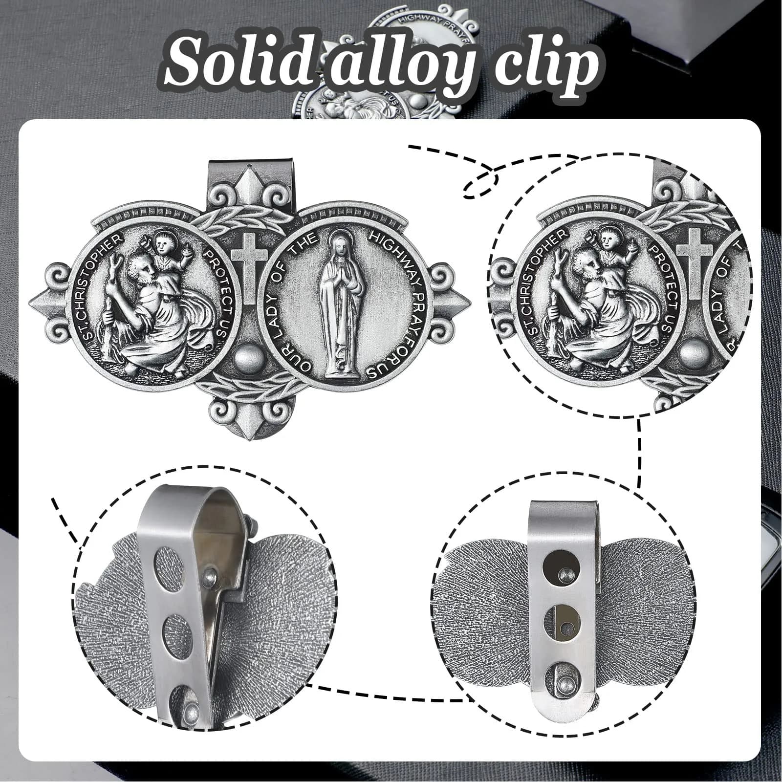Frienda Silver 4 Pcs Car Rosary & St Christopher Visor Clip Set | Rearview Mirror Hang Auto Rosary with Blessings - view 4