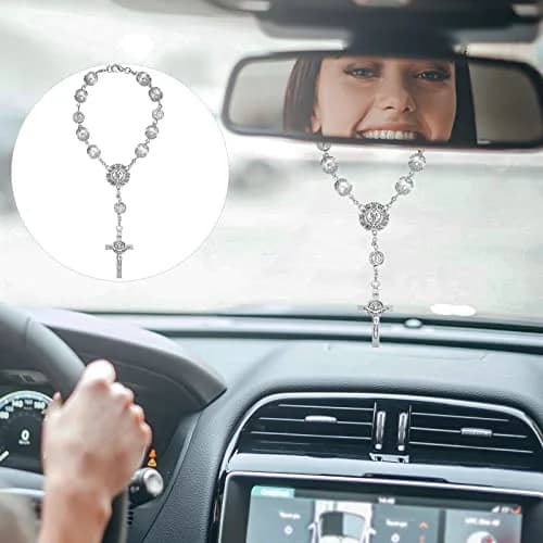 Frienda Silver 4 Pcs Car Rosary & St Christopher Visor Clip Set | Rearview Mirror Hang Auto Rosary with Blessings thumbnail 5