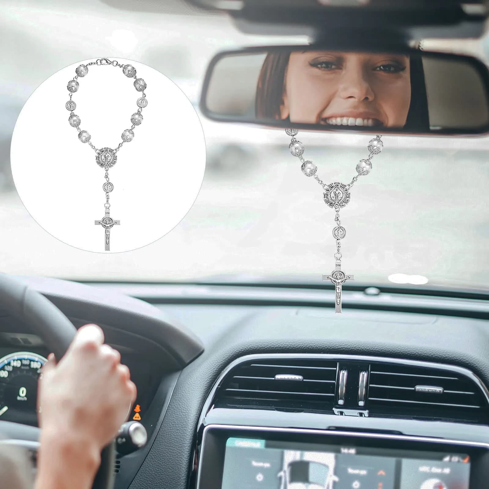 Frienda Silver 4 Pcs Car Rosary & St Christopher Visor Clip Set | Rearview Mirror Hang Auto Rosary with Blessings - view 5