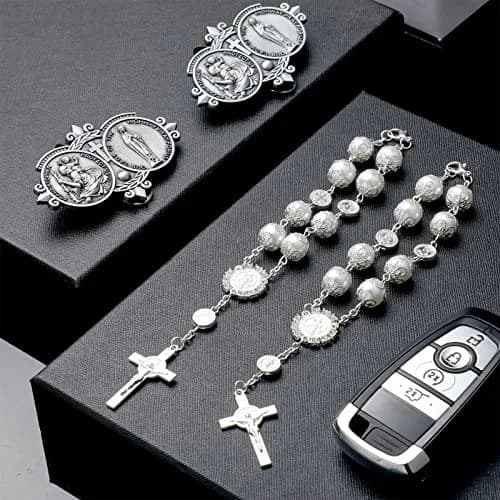 Frienda Silver 4 Pcs Car Rosary & St Christopher Visor Clip Set | Rearview Mirror Hang Auto Rosary with Blessings thumbnail 6