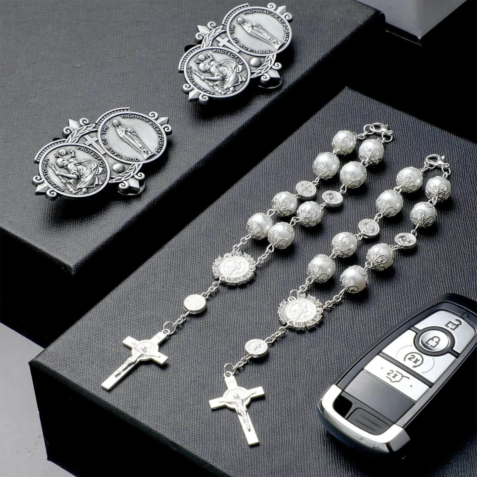 Frienda Silver 4 Pcs Car Rosary & St Christopher Visor Clip Set | Rearview Mirror Hang Auto Rosary with Blessings - view 6