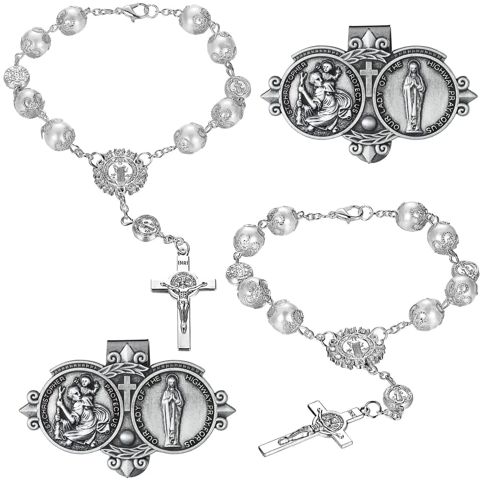 Frienda Silver 4 Pcs Car Rosary & St Christopher Visor Clip Set | Rearview Mirror Hang Auto Rosary with Blessings - main product image