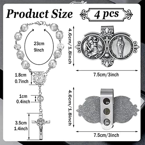 Frienda Silver 4 Pcs Car Rosary & St Christopher Visor Clip Set | Rearview Mirror Hang Auto Rosary with Blessings thumbnail 2
