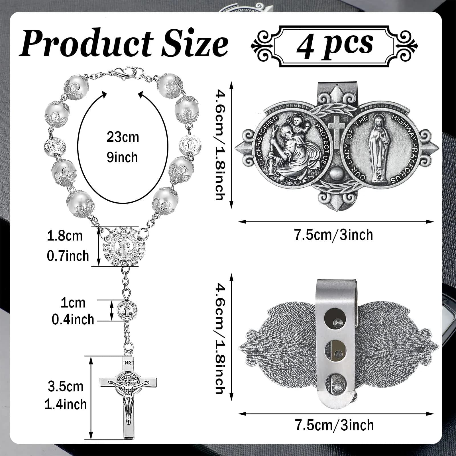 Frienda Silver 4 Pcs Car Rosary & St Christopher Visor Clip Set | Rearview Mirror Hang Auto Rosary with Blessings - view 2