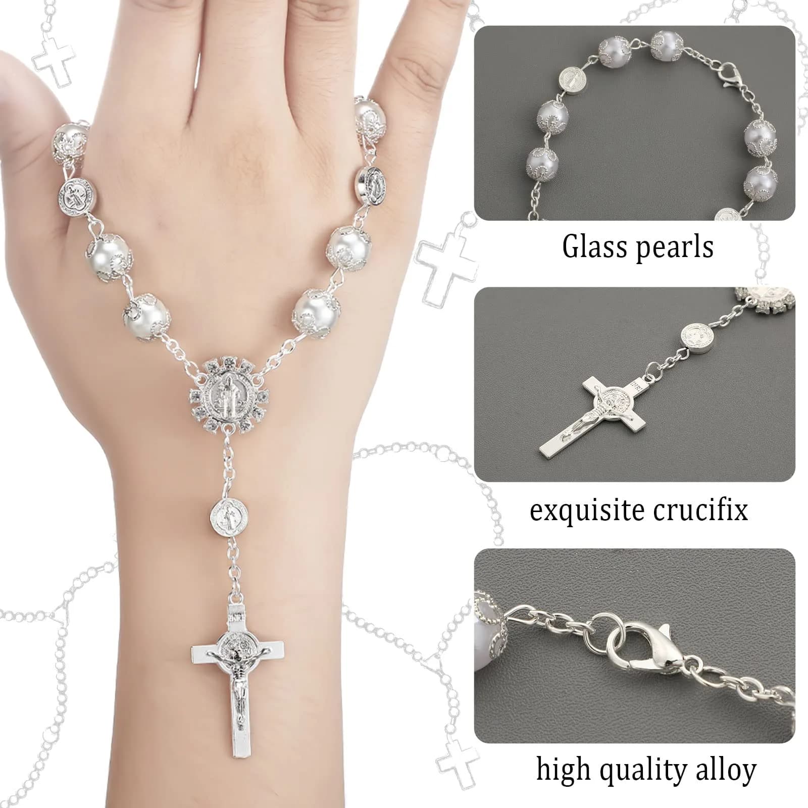 Frienda Silver 4 Pcs Car Rosary & St Christopher Visor Clip Set | Rearview Mirror Hang Auto Rosary with Blessings - view 3