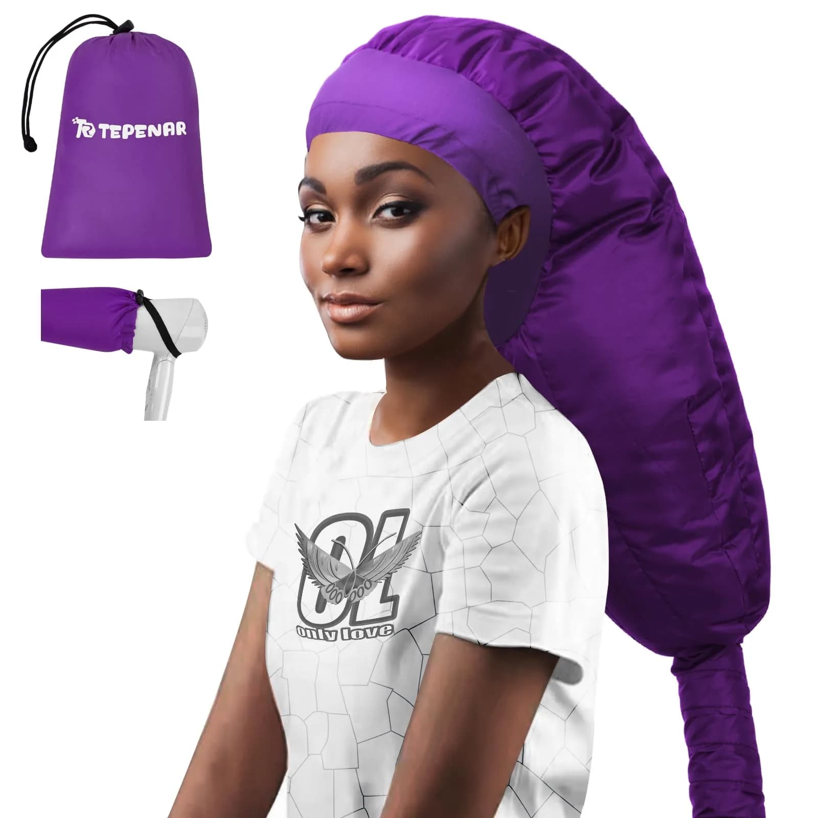 TEPENAR Hair Dryer Bonnet Attachment 40in | Extra Large Hood for Curly Hair, Fast Drying, Adjustable, Purple