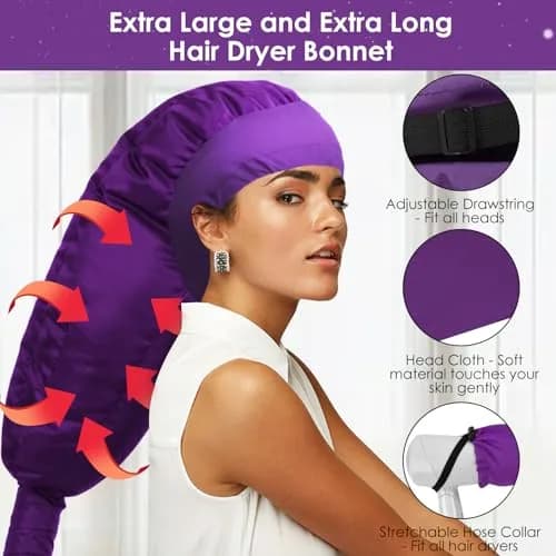 TEPENAR Hair Dryer Bonnet Attachment 40in | Extra Large Hood for Curly Hair, Fast Drying, Adjustable, Purple thumbnail 2