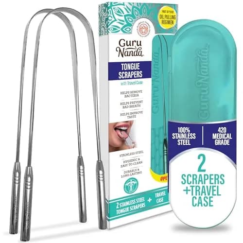 GuruNanda Tongue Scraper for Adults (2 Pack) with Travel Case | Stainless Steel Oral Care Tool thumbnail 1