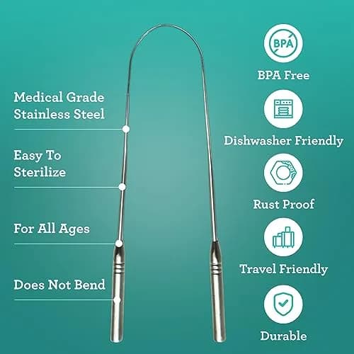 GuruNanda Tongue Scraper for Adults (2 Pack) with Travel Case | Stainless Steel Oral Care Tool thumbnail 3