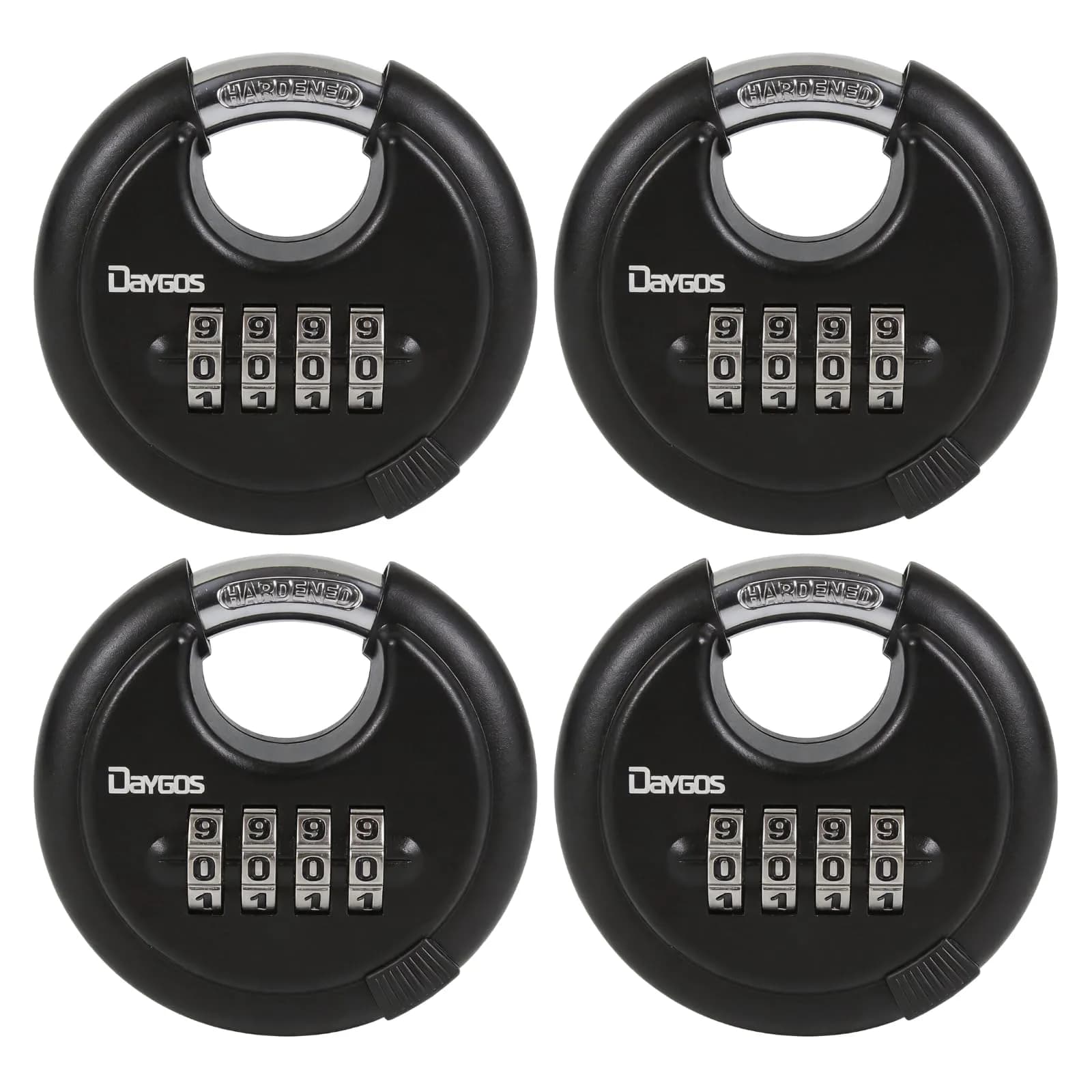 DAYGOS 4-Digit Combination Disc Padlock 2.75" Body, 3/8" Shackle | Heavy Duty Outdoor Lock for Storage Units, Gates, Fences (4-Pack, Black)