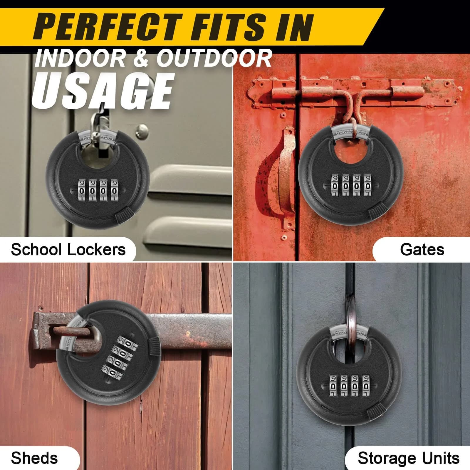 DAYGOS 4-Digit Combination Disc Padlock 2.75" Body, 3/8" Shackle | Heavy Duty Outdoor Lock for Storage Units, Gates, Fences (4-Pack, Black) - view 5