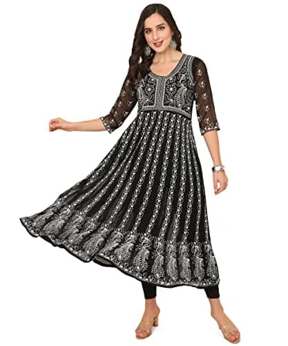 EthnicJunction Georgette Chikankari Embroidered Anarkali Kurta Medium Black 114cm (45 inches) | Authentic Indian Craftsmanship thumbnail 1