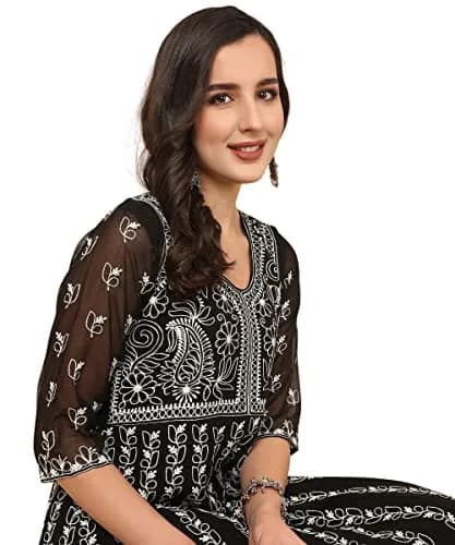EthnicJunction Georgette Chikankari Embroidered Anarkali Kurta Medium Black 114cm (45 inches) | Authentic Indian Craftsmanship thumbnail 4