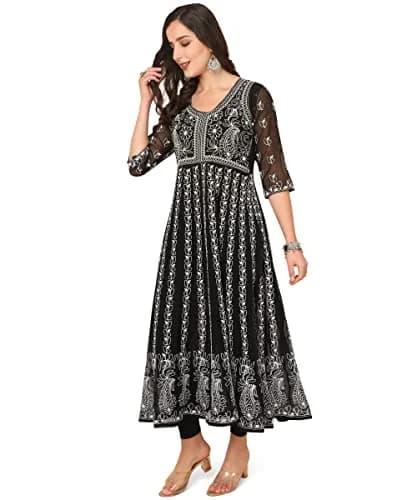 EthnicJunction Georgette Chikankari Embroidered Anarkali Kurta Medium Black 114cm (45 inches) | Authentic Indian Craftsmanship thumbnail 5