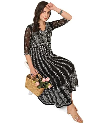 EthnicJunction Georgette Chikankari Embroidered Anarkali Kurta Medium Black 114cm (45 inches) | Authentic Indian Craftsmanship thumbnail 6