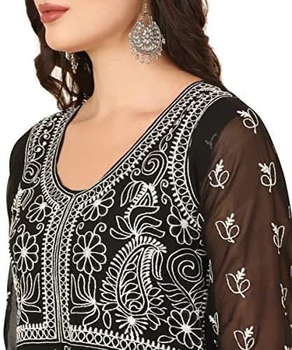 EthnicJunction Georgette Chikankari Embroidered Anarkali Kurta Medium Black 114cm (45 inches) | Authentic Indian Craftsmanship thumbnail 7