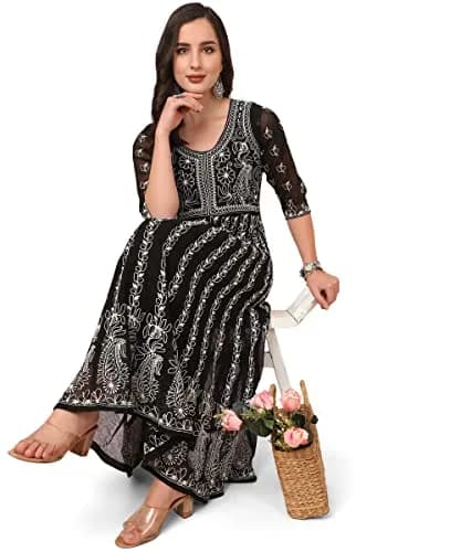 EthnicJunction Georgette Chikankari Embroidered Anarkali Kurta Medium Black 114cm (45 inches) | Authentic Indian Craftsmanship thumbnail 2
