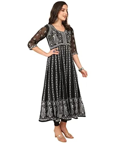EthnicJunction Georgette Chikankari Embroidered Anarkali Kurta Medium Black 114cm (45 inches) | Authentic Indian Craftsmanship thumbnail 3