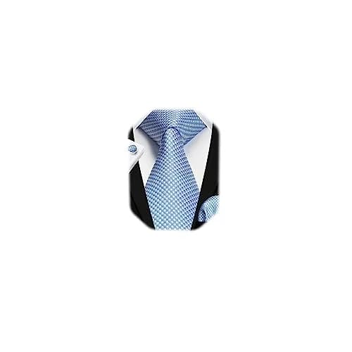 HISDERN Baby Blue Plaid Men's Silk Tie & Pocket Square Set | Classic Formal Necktie for Weddings & Business thumbnail 1