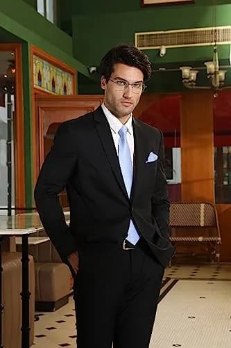 HISDERN Baby Blue Plaid Men's Silk Tie & Pocket Square Set | Classic Formal Necktie for Weddings & Business thumbnail 4