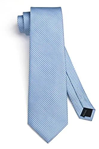 HISDERN Baby Blue Plaid Men's Silk Tie & Pocket Square Set | Classic Formal Necktie for Weddings & Business thumbnail 5