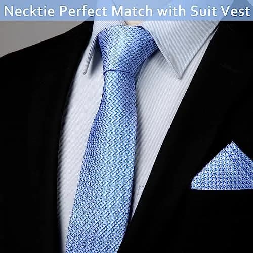 HISDERN Baby Blue Plaid Men's Silk Tie & Pocket Square Set | Classic Formal Necktie for Weddings & Business thumbnail 6