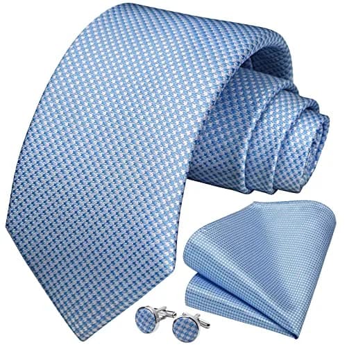 HISDERN Baby Blue Plaid Men's Silk Tie & Pocket Square Set | Classic Formal Necktie for Weddings & Business thumbnail 3