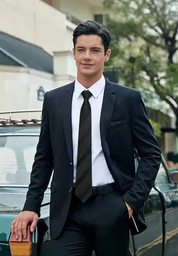 HISDERN Black Stripe Tie Set for Men with Pocket Square & Cufflinks | 8.5 cm (3.4") x 150 cm (59") thumbnail 2
