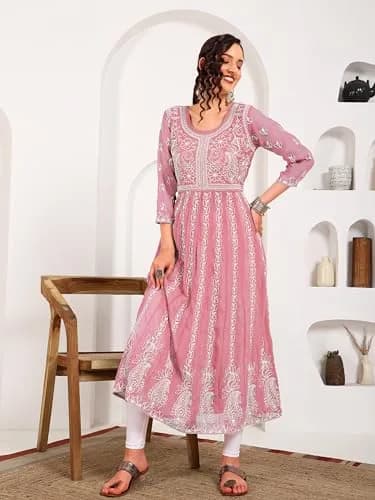 EthnicJunction Women's Georgette Chikankari Embroidered Anarkali Kurta Small Peach 45 inches (114.3 cm) thumbnail 2