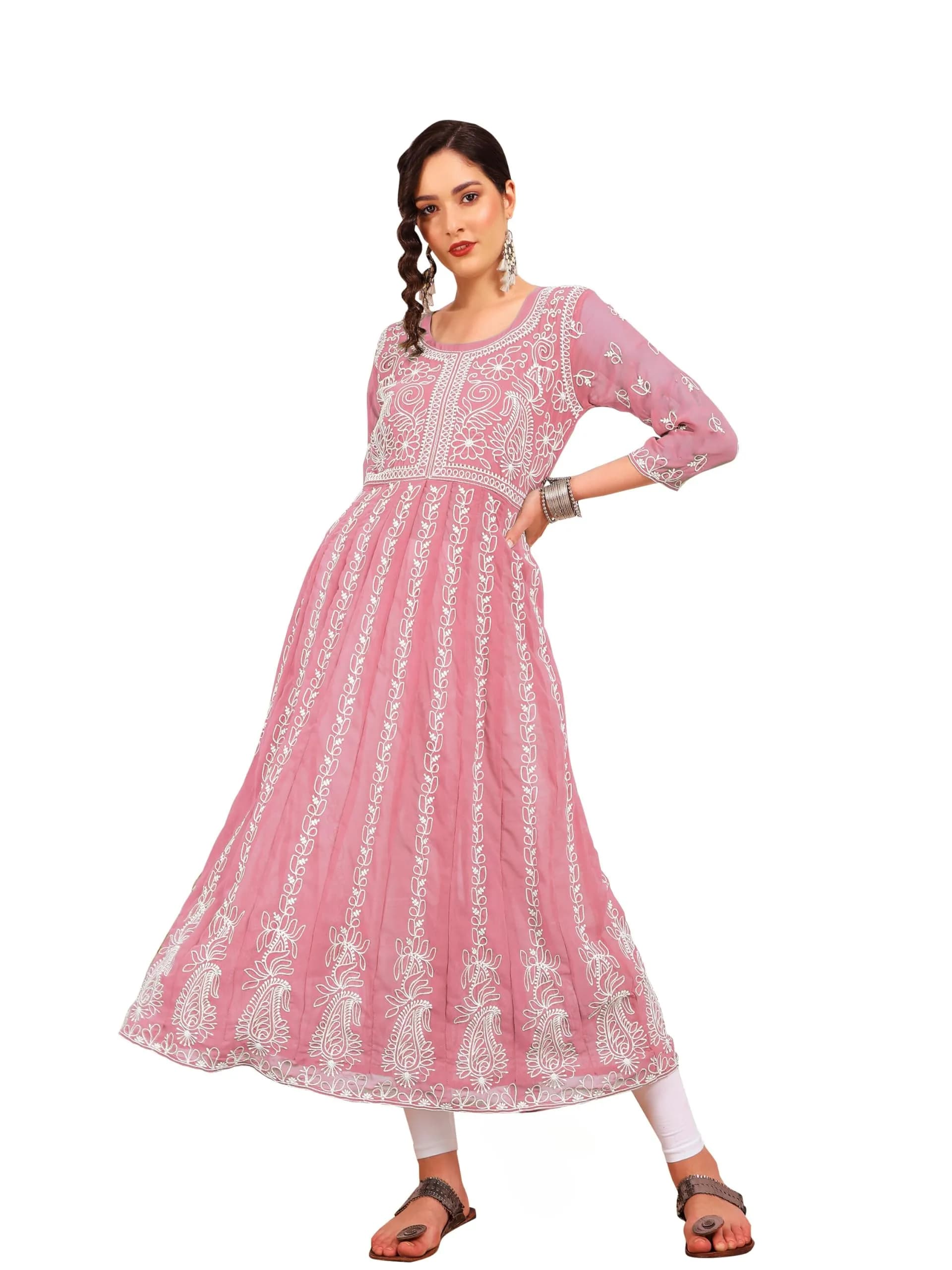 EthnicJunction Women's Georgette Chikankari Embroidered Anarkali Kurta Medium Peach 45 inches (114.3 cm)
