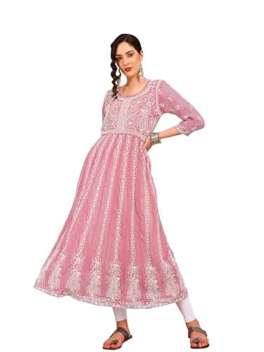 EthnicJunction Women's Georgette Chikankari Embroidered Anarkali Kurta Medium Peach 45 inches (114.3 cm) thumbnail 1