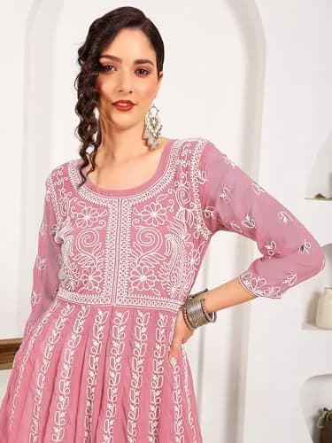 EthnicJunction Women's Georgette Chikankari Embroidered Anarkali Kurta Medium Peach 45 inches (114.3 cm) thumbnail 4