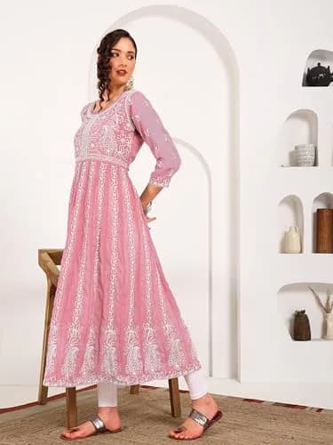 EthnicJunction Women's Georgette Chikankari Embroidered Anarkali Kurta Medium Peach 45 inches (114.3 cm) thumbnail 5