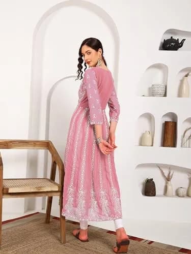 EthnicJunction Women's Georgette Chikankari Embroidered Anarkali Kurta Medium Peach 45 inches (114.3 cm) thumbnail 6