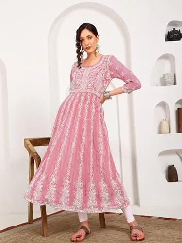EthnicJunction Women's Georgette Chikankari Embroidered Anarkali Kurta Medium Peach 45 inches (114.3 cm) thumbnail 3