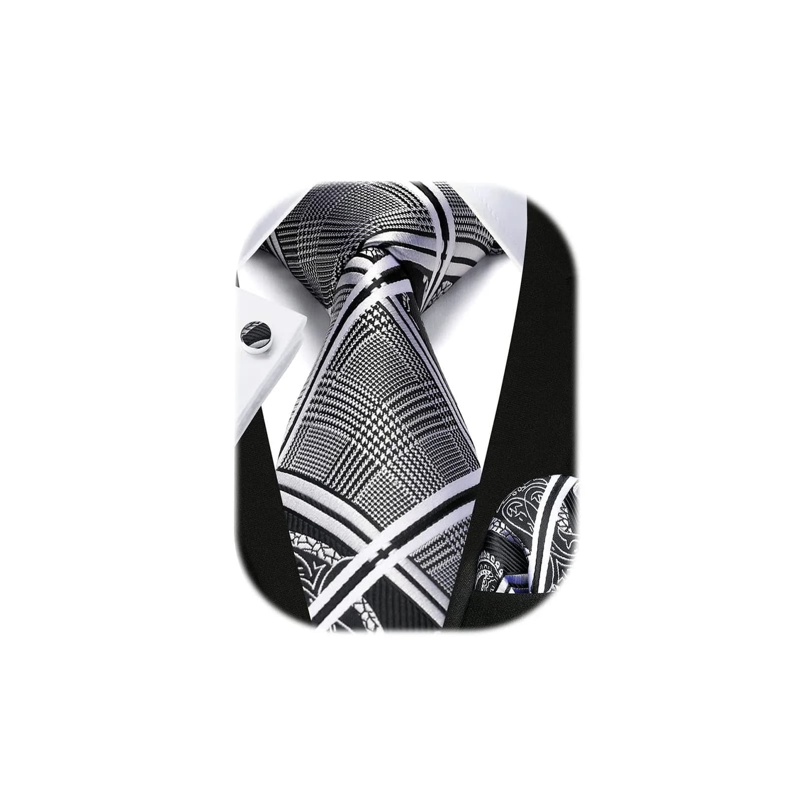 HISDERN Stripe Necktie Set for Men, Black & White Silk Blend Tie 8.5 cm (3.4") x 150 cm (59") | Formal Business Wedding — 01-gray2