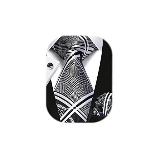 HISDERN Stripe Necktie Set for Men, Black & White Silk Blend Tie 8.5 cm (3.4") x 150 cm (59") | Formal Business Wedding thumbnail 1