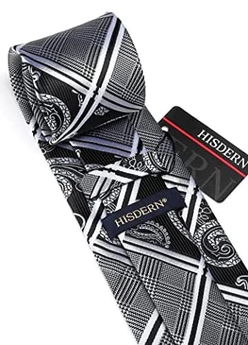 HISDERN Stripe Necktie Set for Men, Black & White Silk Blend Tie 8.5 cm (3.4") x 150 cm (59") | Formal Business Wedding thumbnail 5